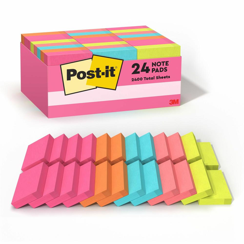 Post-it&reg; Notes Value Pack - 1 1/2" x 2" - Rectangle - 100 Sheets per Pad - Power Pink, Acid Lime, Aqua Splash, Vital Orange, Guava - Self-stick, Recyclable - 2400 / Pack. Picture 1