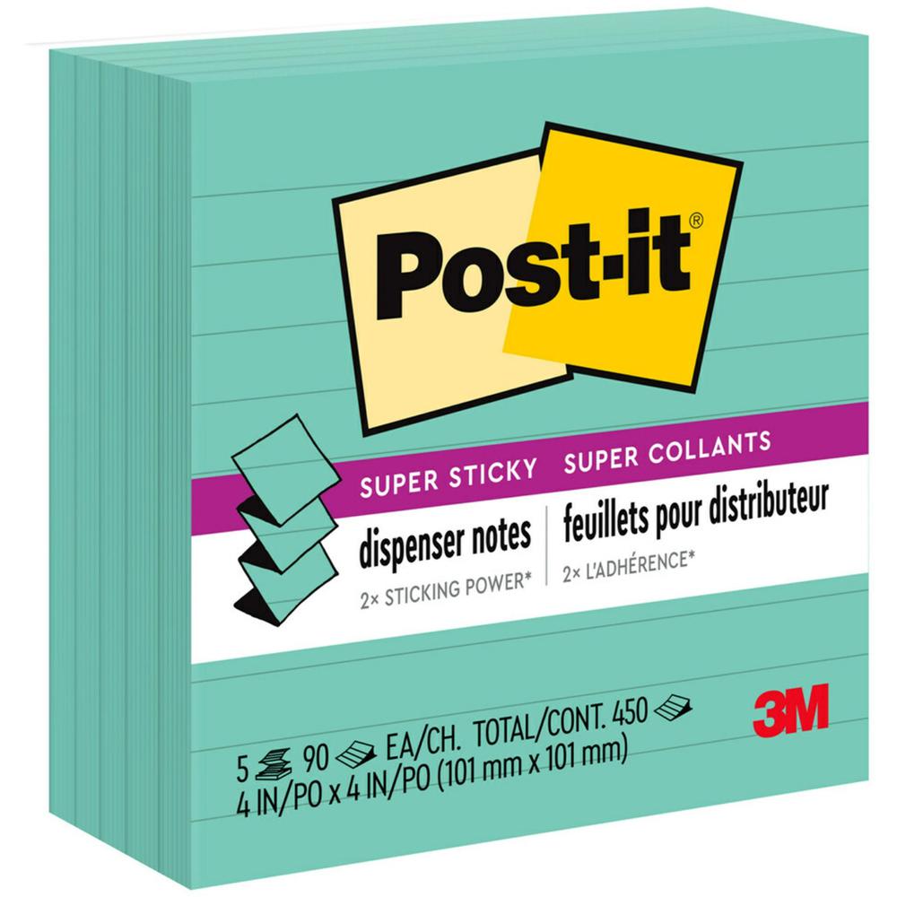 Post-it&reg; Super Sticky Pop-up Lined Note Refills - 4" x 4" - Square - 90 Sheets per Pad - Blue - Sticky - 5 / Pack. Picture 1
