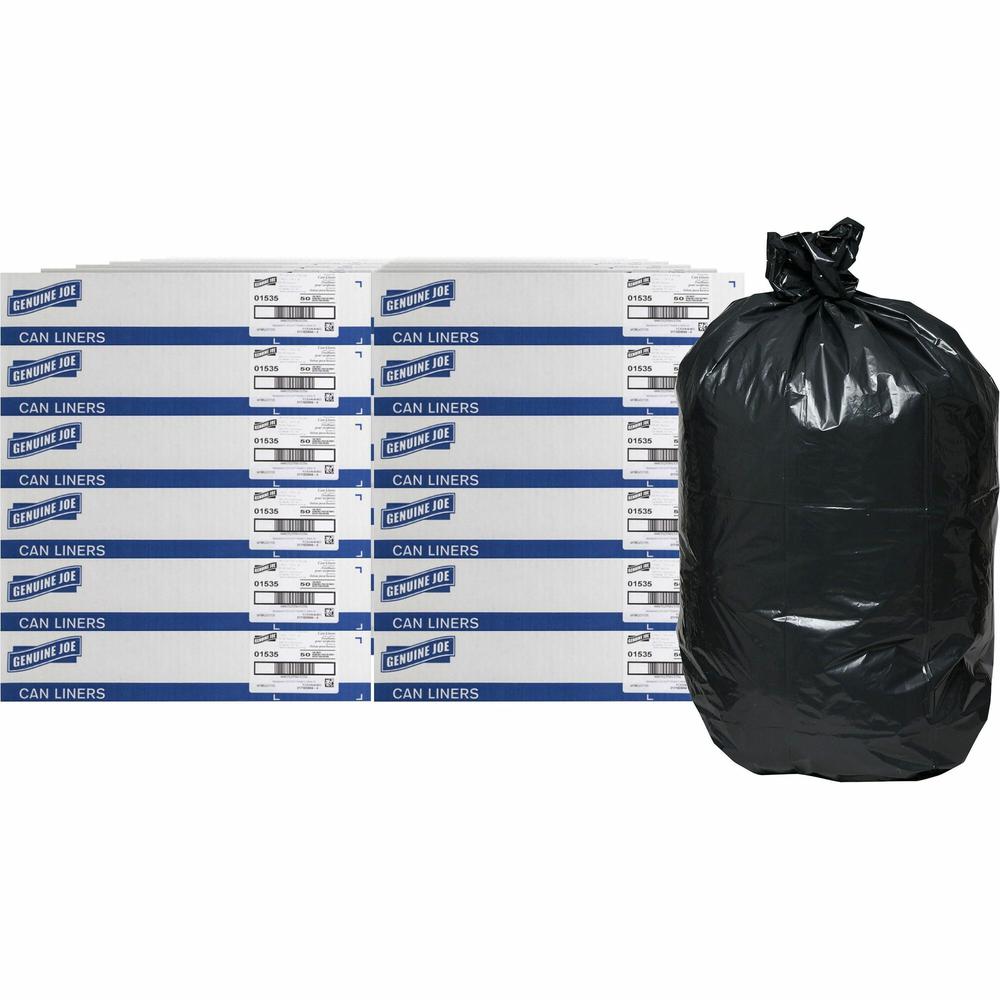Genuine Joe Heavy-Duty Trash Can Liners - 60 gal Capacity - 39" Width x 56" Length - 1.50 mil (38 Micron) Thickness - Low Density - Black - Plastic Resin - 96/Pallet - 50 Per Box - Waste, Debris, Can. Picture 1