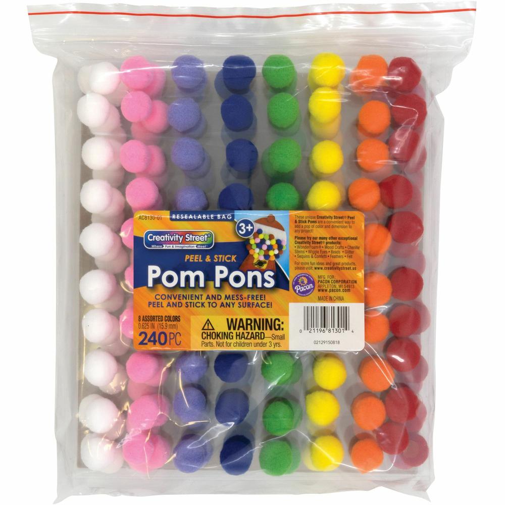 Creativity Street Peel-n-Stick Pom Pons - Project - 11.75"Height x 1.50"Width x 9.25"Length - 240 / Pack - White, Pink, Purple, Blue, Yellow, Orange, Green, Red - Plush. Picture 1