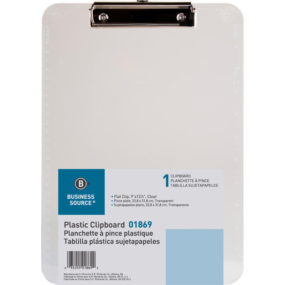 Business Source Flat Clip Clipboard - 9" x 12" - Plastic - Clear - 1 Each. Picture 1
