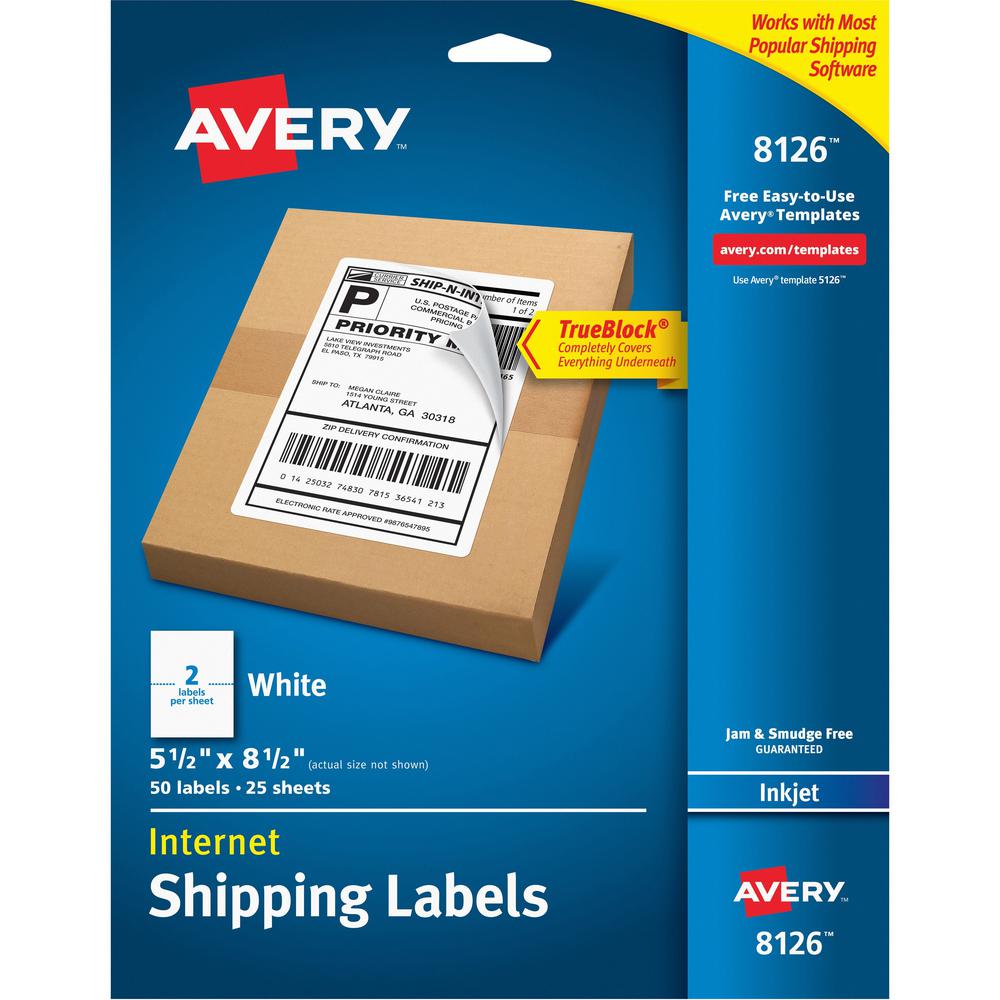 Avery&reg; Internet Shipping Labels, 5-1/2" x 8-1/2" , 20 Labels (18126) - 5 1/2" Width x 8 1/2" Length - Permanent Adhesive - Rectangle - Inkjet - White - Paper - 2 / Sheet - 25 Total Sheets - 50 Tot. Picture 1
