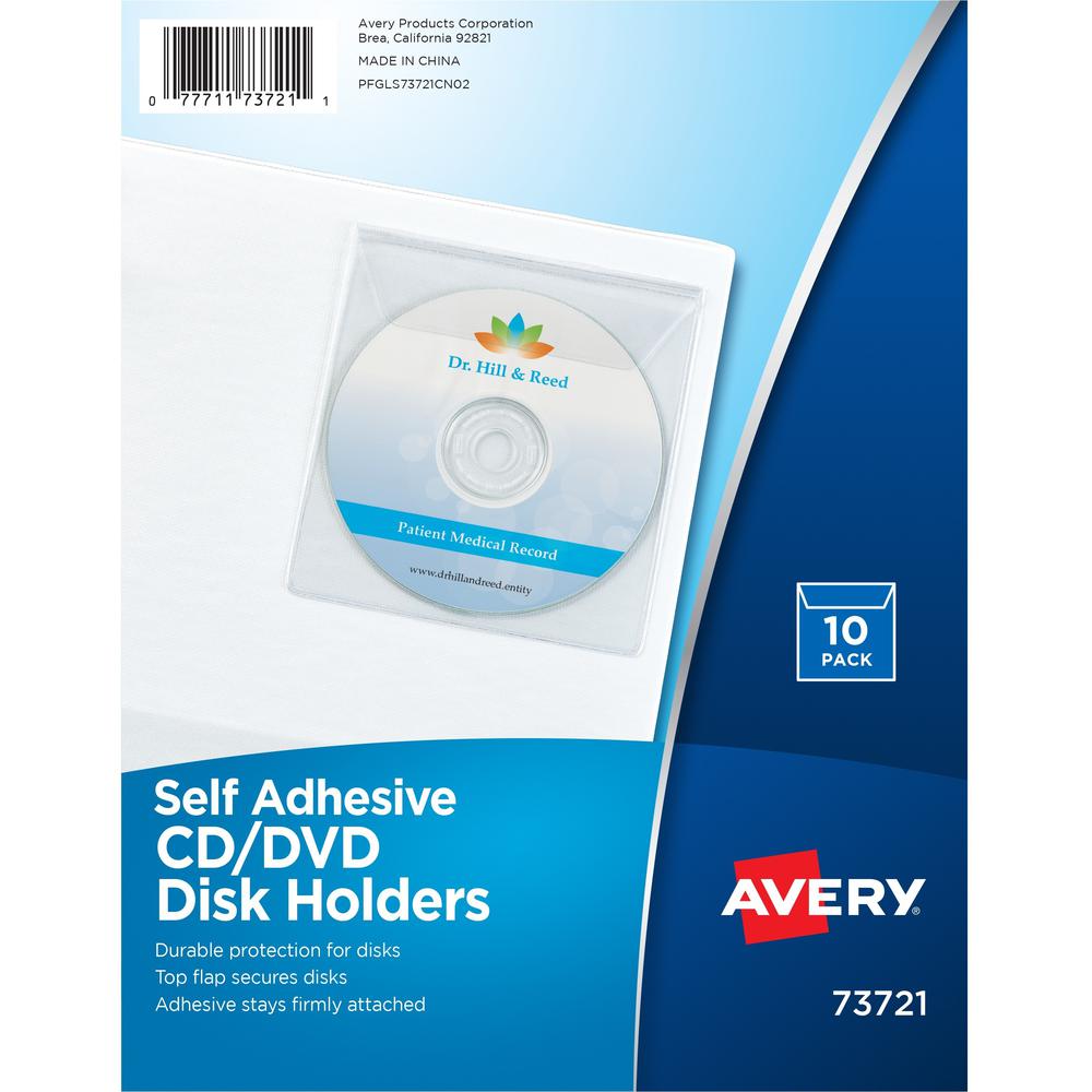Avery&reg; Vinyl Self-Adhesive Media/CD/DVD Pockets - 10 x CD/DVD Capacity - Top Loading - Clear - Vinyl - 10 / Pack. Picture 1