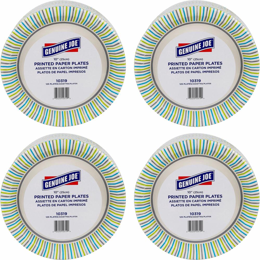 Genuine Joe Printed Paper Plates - 125 / Pack - 10" Diameter Plate - Paper Plate - Disposable - Assorted - 500 Piece(s) / Carton. The main picture.