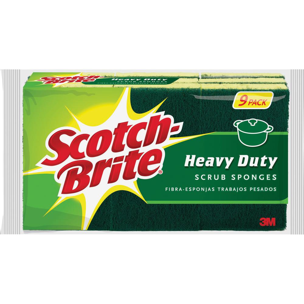 Scotch-Brite Heavy-Duty Scrub Sponges - 2.8" Height x 4.5" Width - 9/Pack - Yellow, Green. Picture 1