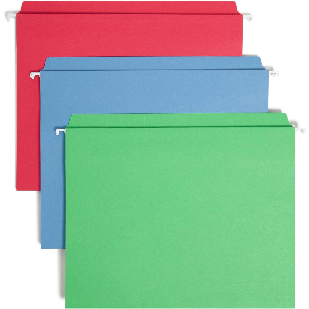 Smead FasTab Straight Tab Cut Letter Recycled Hanging Folder - 8 1/2" x 11" - Assorted Position Tab Position - Stock - Blue, Green, Red - 10% Recycled - 18 / Box. Picture 1