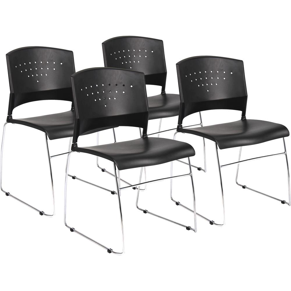 Boss Black Stack Chair With Chrome Frame 4 Pcs Pack - Black Polypropylene Seat - Black Polypropylene Back - Chrome Frame - Sled Base - 4 Pack. Picture 1
