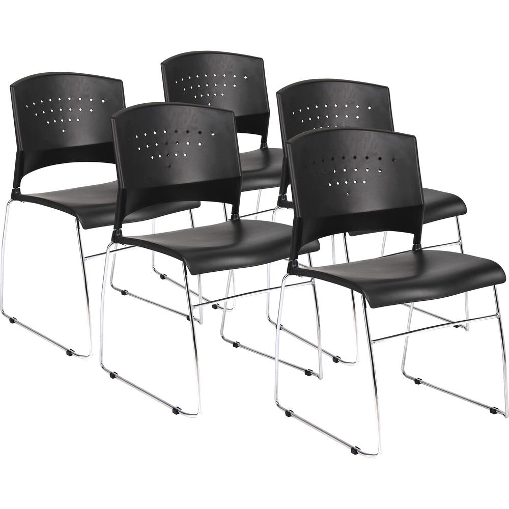 Boss Black Stack Chair With Chrome Frame 5 Pcs Pack - Black Polypropylene Seat - Black Polypropylene Back - Chrome Frame - Sled Base - 5 Pack. Picture 1