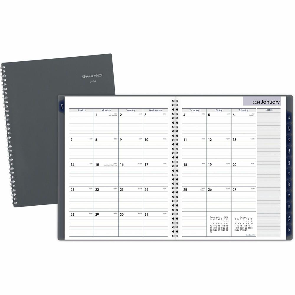 At-A-Glance DayMinder Planner - Large Size - Julian Dates - Monthly - 12 Month - January 2024 - December 2024 - 1 Month Double Page Layout - Twin Wire - Gray - 11" Height x 8.5" Width - Tabbed, Metric. Picture 1