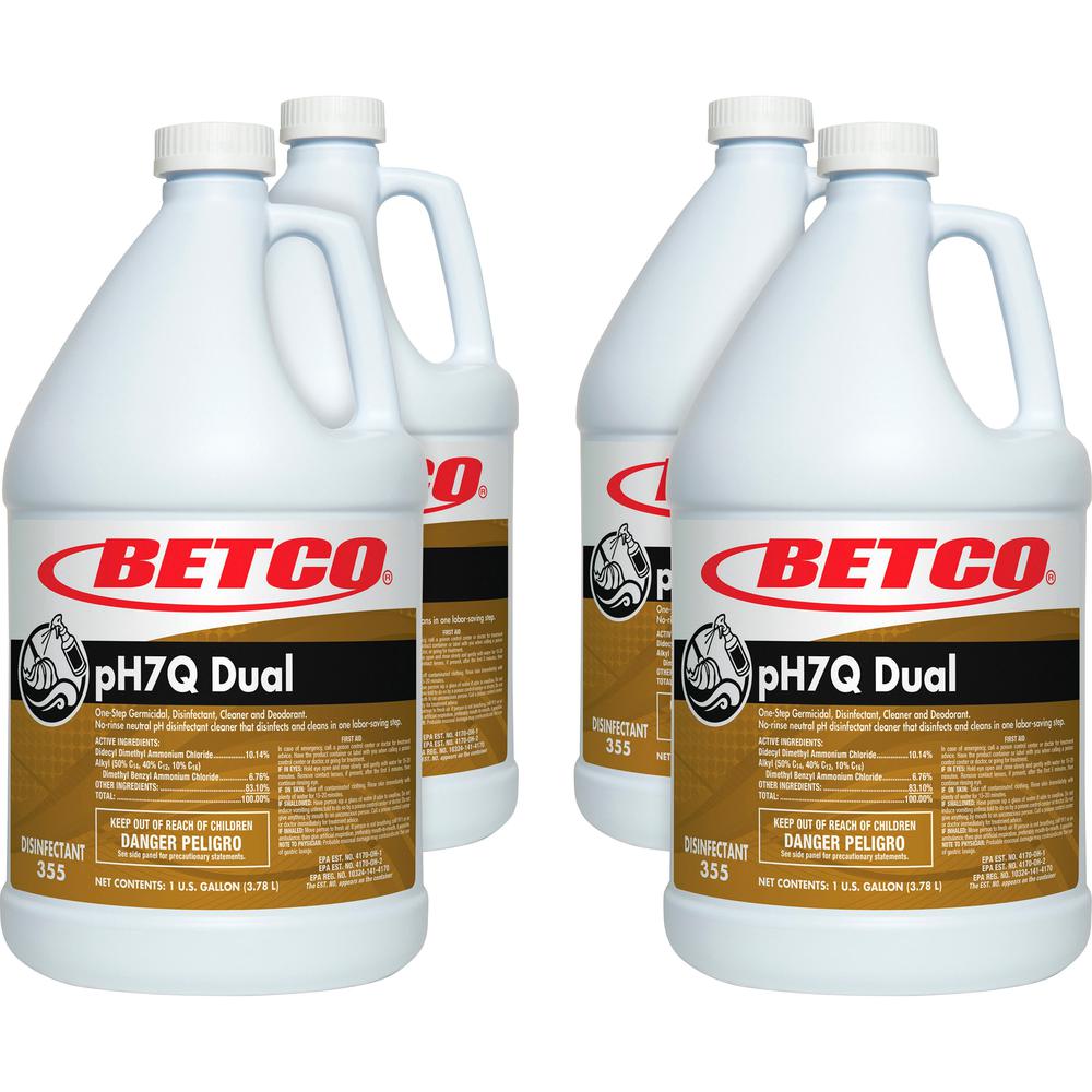 Betco pH7Q Dual Neutral Disinfectant Cleaner - Concentrate - 128 fl oz (4 quart) - Pleasant Lemon Scent - 4 / Carton - Deodorize, pH Neutral - Light Amber. Picture 1