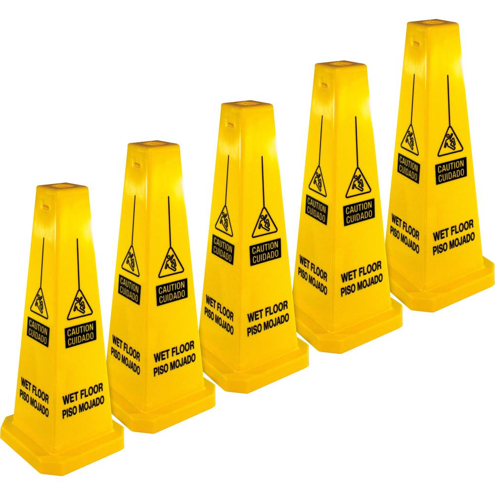 Genuine Joe Bright 4-sided Caution Safety Cone - 5 / Carton - English, Spanish - 10" Width x 24" Height x 10" Depth - Cone Shape - Stackable - Industrial - Polypropylene - Yellow. Picture 1