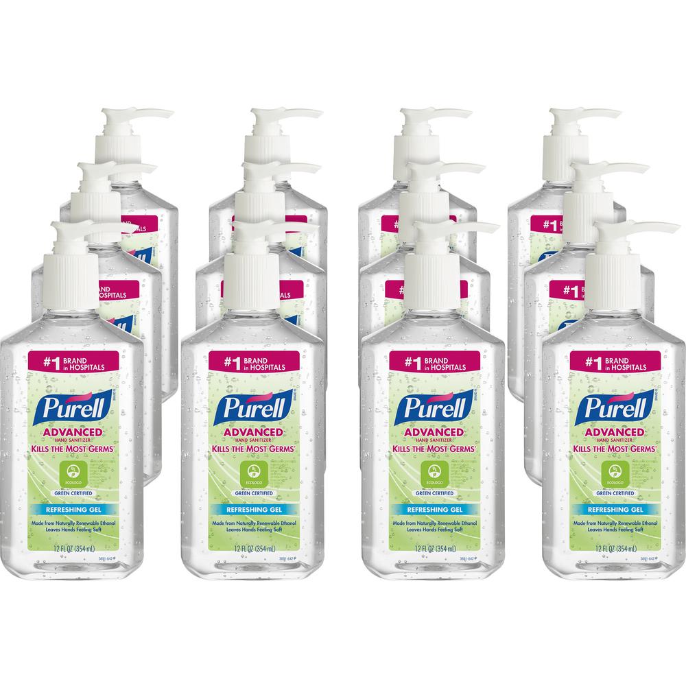 PURELL&reg; Hand Sanitizer Gel - Fragrance-free Scent - 12 fl oz (354.9 mL) - Pump Bottle Dispenser - Kill Germs - Clear - 12 / Carton. Picture 1