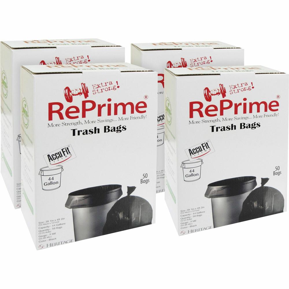 Heritage RePrime AccuFit 44-gal Can Liners - 44 gal Capacity - 37" Width x 50" Length - 0.90 mil (23 Micron) Thickness - Low Density - Black - Linear Low-Density Polyethylene (LLDPE) - 4/Carton - 50 P. Picture 1