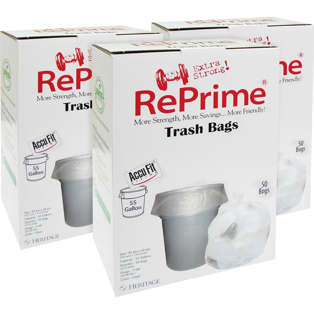 Heritage Accufit RePrime Can Liners - 55 gal Capacity - 40" Width x 53" Length - 0.90 mil (23 Micron) Thickness - Low Density - Clear - Linear Low-Density Polyethylene (LLDPE) - 3/Carton - 50 Per Box . Picture 1