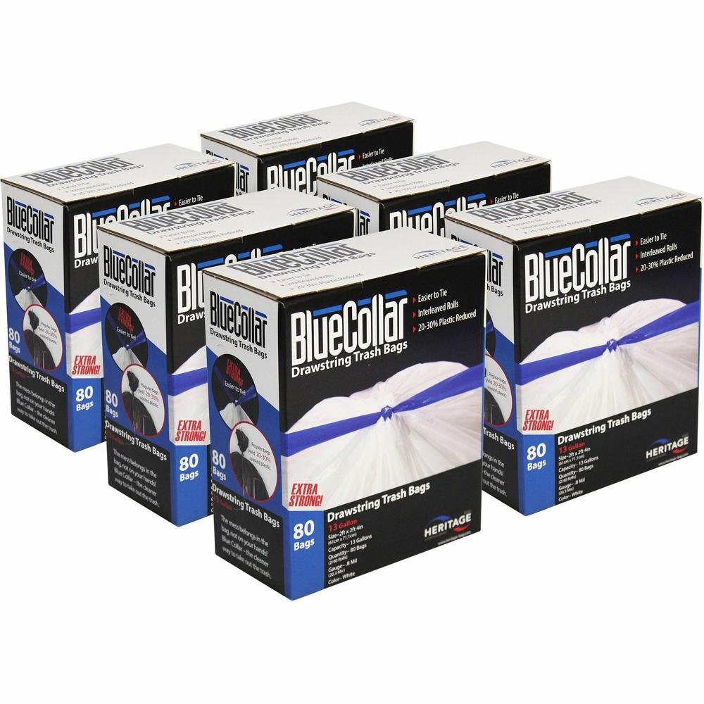 BlueCollar 13-gallon Drawstring Trash Bags - 13 gal Capacity - 24" Width x 28" Length - 0.80 mil (20 Micron) Thickness - Drawstring Closure - White - 6/Carton - 80 Per Box - Garbage. Picture 1
