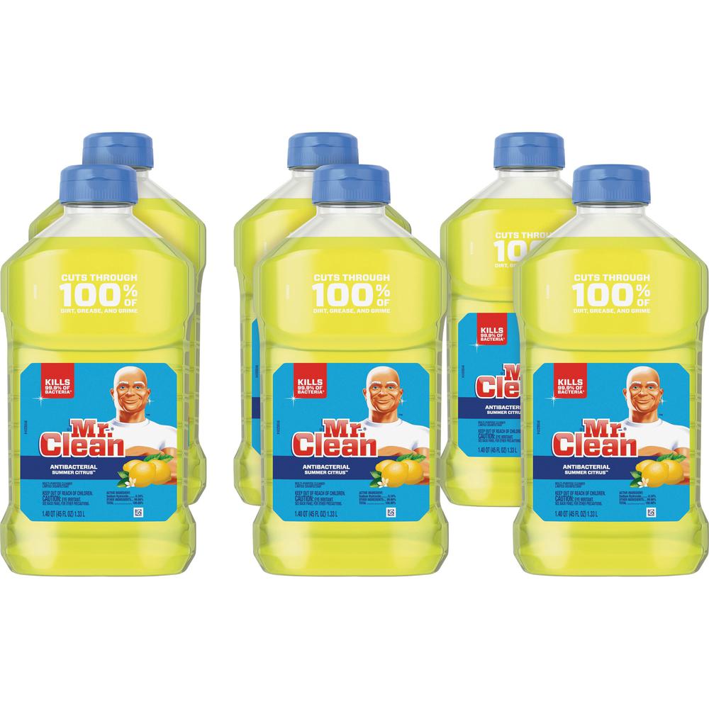 Mr. Clean Antibacterial Cleaner - Liquid - 45 fl oz (1.4 quart) - Summer Citrus, Lemon Scent - 6 / Carton - Yellow. The main picture.