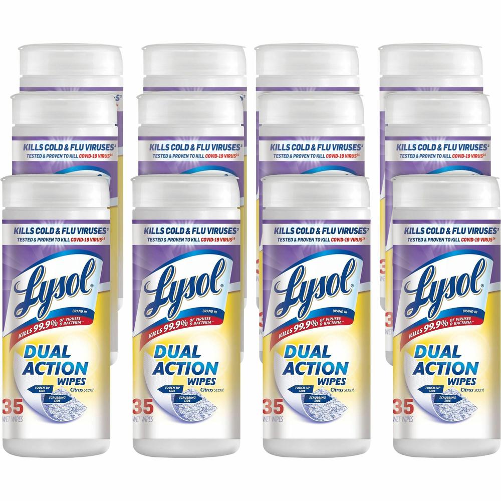 Lysol Dual Action Wipes - For Multi Surface - Citrus Scent - 35 / Canister - 12 / Carton - White/Purple. Picture 1
