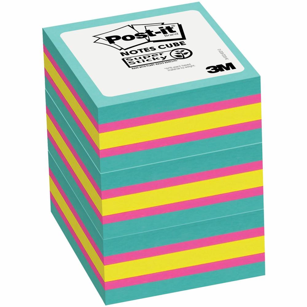 Post-it&reg; Super Sticky Notes Cube - 3" x 3" - Square - Aqua Splash, Sunnyside, Power Pink - 3 / Pack. Picture 1