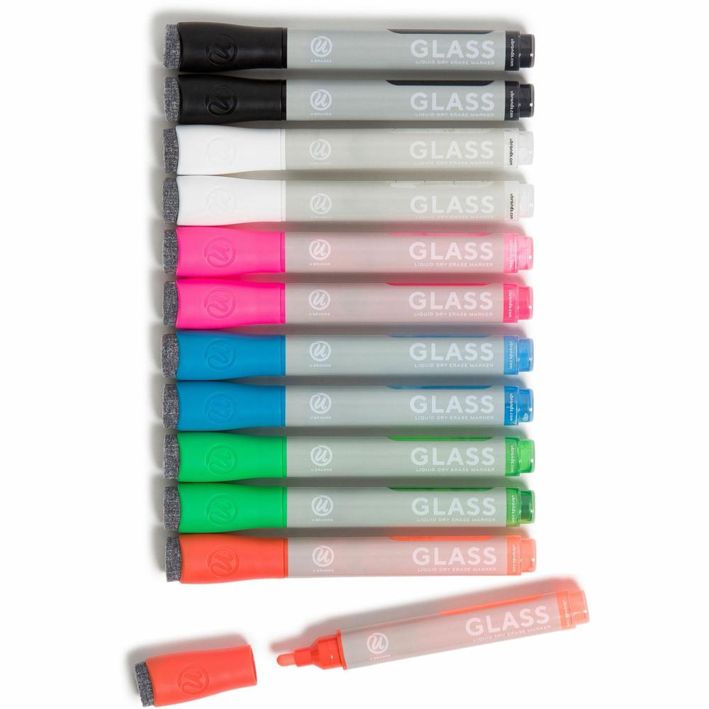 U Brands Liquid Glass Board Dry Erase Markers with Erasers, Low Odor, Bullet Tip, Assorted Colors, 12-Count - 2913U00-12 - Medium Marker Point - Bullet Marker Point Style - Assorted Liquid Ink - Gray . Picture 1