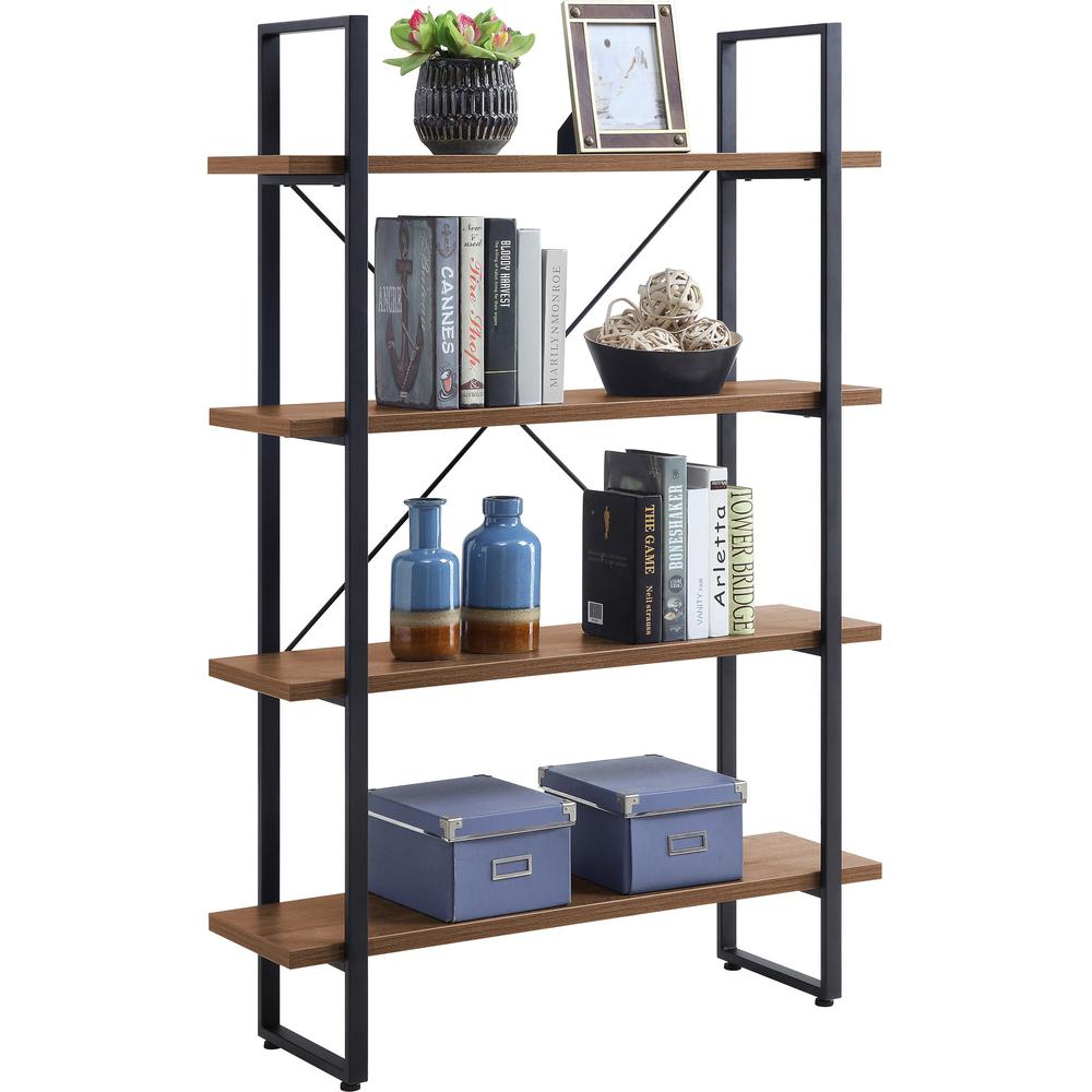 Lorell SOHO Rustic Metal Frame Bookcase - 39.4" x 11.8"57.5" - 4 Shelve(s) - Band Edge - Finish: Walnut - Sturdy, Durable. Picture 1