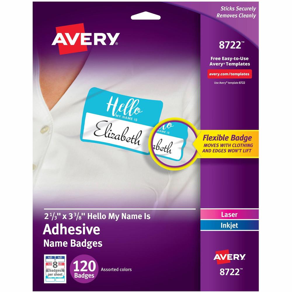 Avery&reg; Self-Adhesive Name Tags - "Hello My Name Is" - 11" Height x 8 1/2" Width - Removable Adhesive - Rectangle - Laser, Inkjet - White - Film - 8 / Sheet - 15 Total Sheets - 120 Total Label(s) -. Picture 1
