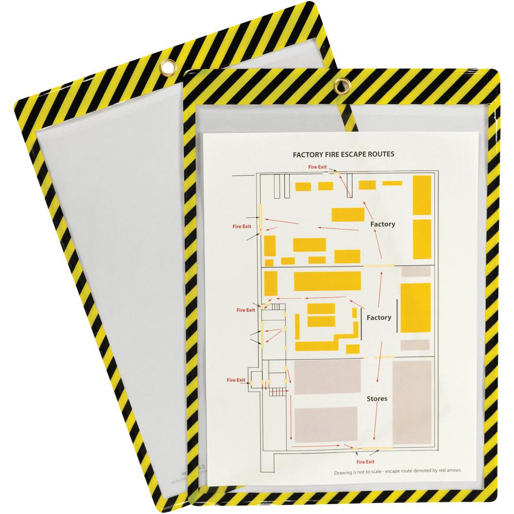 C-Line Safety Striped Shop Ticket Holders - 0.1" x 9.8" x 13.6" - Vinyl - 25 / Box - Yellow, Black. Picture 1
