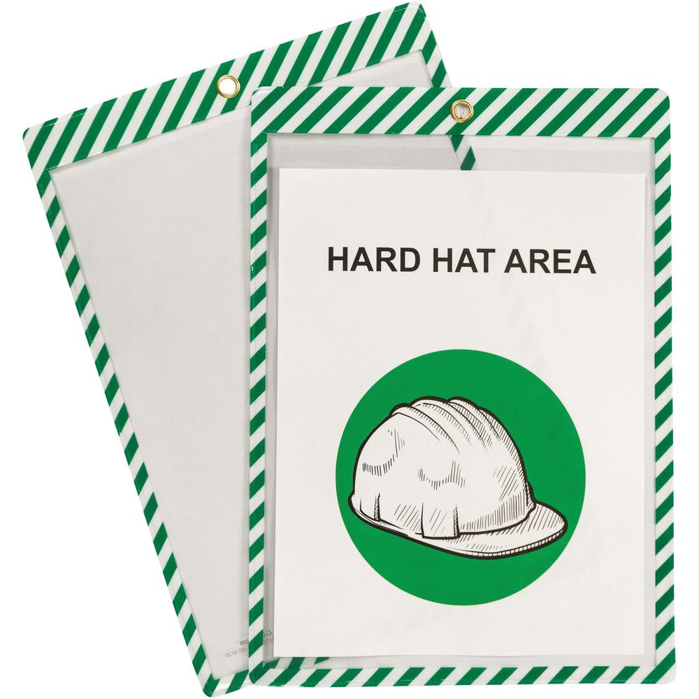 C-Line Safety Striped Shop Ticket Holders - 0.1" x 9.8" x 13.6" - Vinyl - 25 / Box - White, Green. Picture 1