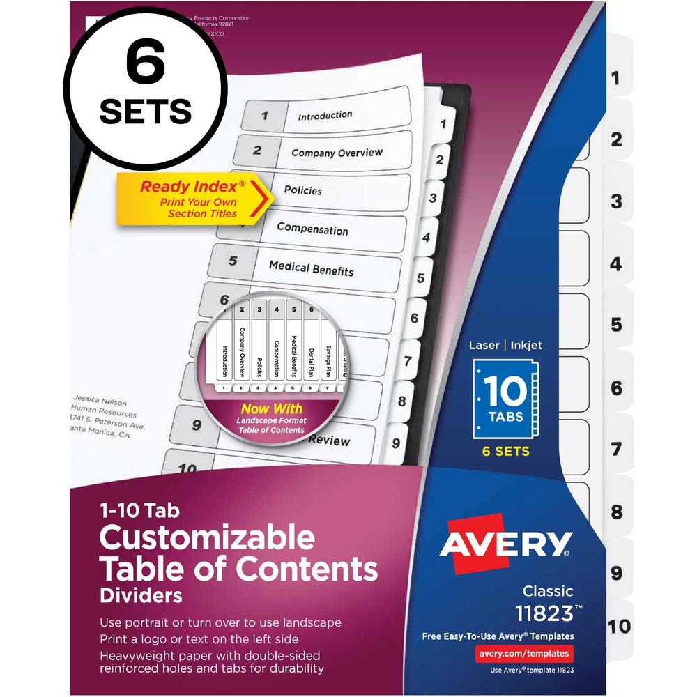 Avery&reg; Ready Index 10-tab Custom TOC Dividers - 60 x Divider(s) - 1-10, Table of Contents - 10 Tab(s)/Set - 8.5" Divider Width x 11" Divider Length - 3 Hole Punched - White Paper Divider - White P. Picture 1