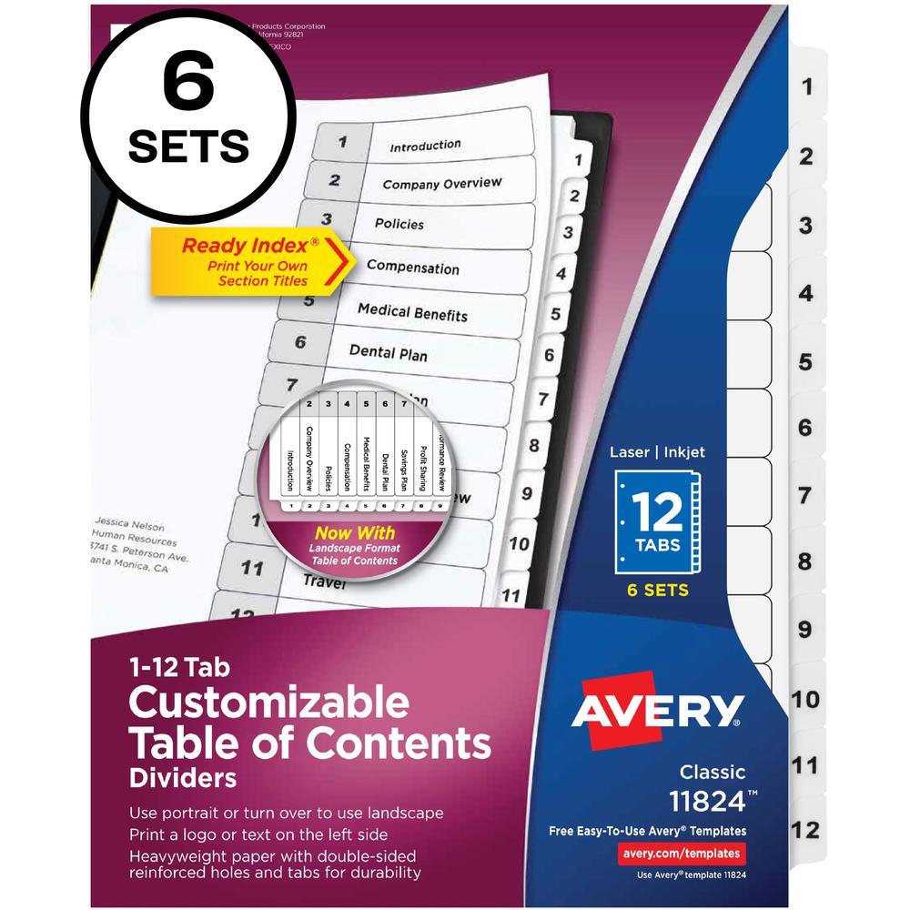 Avery&reg; Ready Index 12-tab Custom TOC Dividers - 72 x Divider(s) - 1-12, Table of Contents - 12 Tab(s)/Set - 8.5" Divider Width x 11" Divider Length - 3 Hole Punched - White Paper Divider - White P. The main picture.