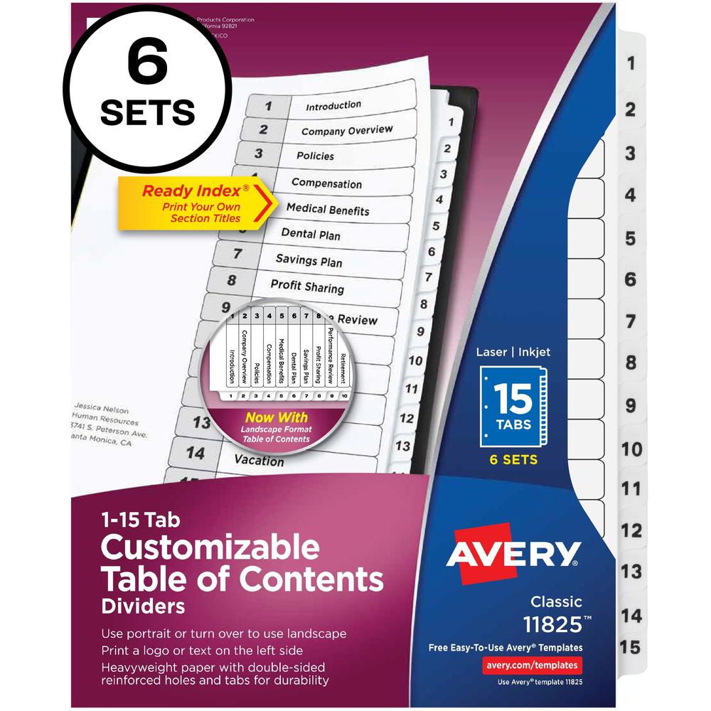 Avery&reg; 15-tab Custom Table of Contents Dividers - 90 x Divider(s) - 1-15, Table of Contents - 15 Tab(s)/Set - 8.5" Divider Width x 11" Divider Length - 3 Hole Punched - White Paper Divider - White. Picture 1