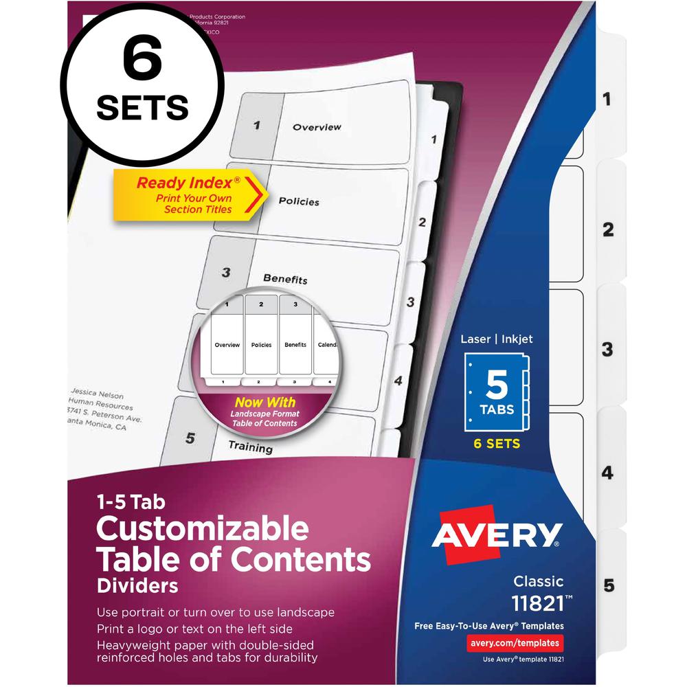 Avery&reg; Classification Folder 5-tab TOC Dividers - 30 x Divider(s) - 1-5, Table of Contents - 5 Tab(s)/Set - 8.5" Divider Width x 11" Divider Length - 3 Hole Punched - White Paper Divider - White P. Picture 1