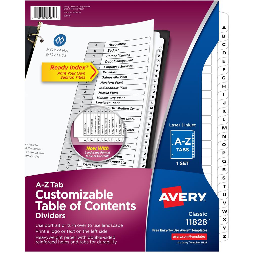 Avery&reg; A-Z Black & White Table of Contents Dividers - 26 x Divider(s) - A-Z, Table of Contents - 26 Tab(s)/Set - 8.5" Divider Width x 11" Divider Length - 3 Hole Punched - White Paper Divider - Wh. Picture 1