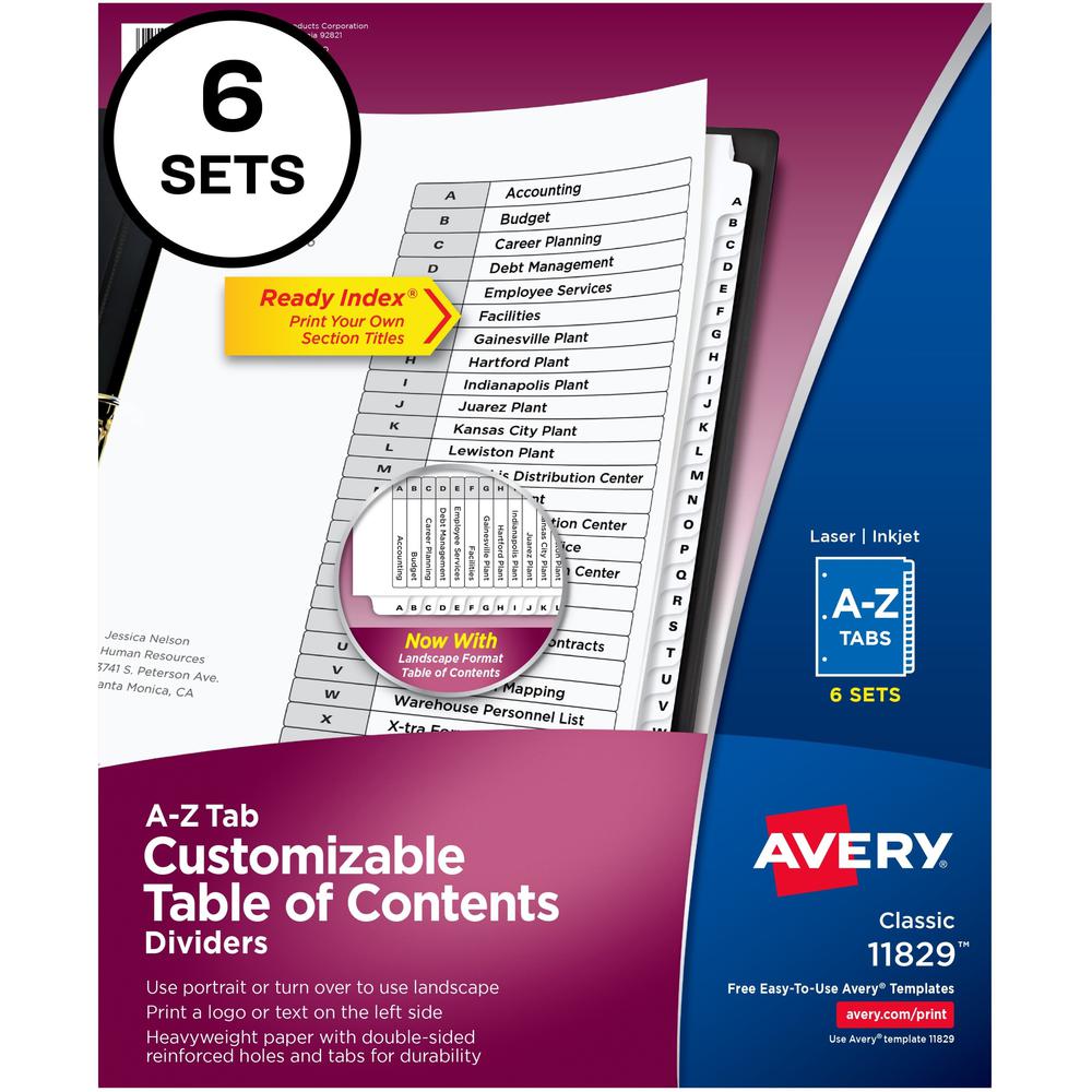 Avery&reg; A-Z Black & White Table of Contents Dividers - 156 x Divider(s) - A-Z, Table of Contents - 26 Tab(s)/Set - 8.5" Divider Width x 11" Divider Length - 3 Hole Punched - White Paper Divider - W. Picture 1