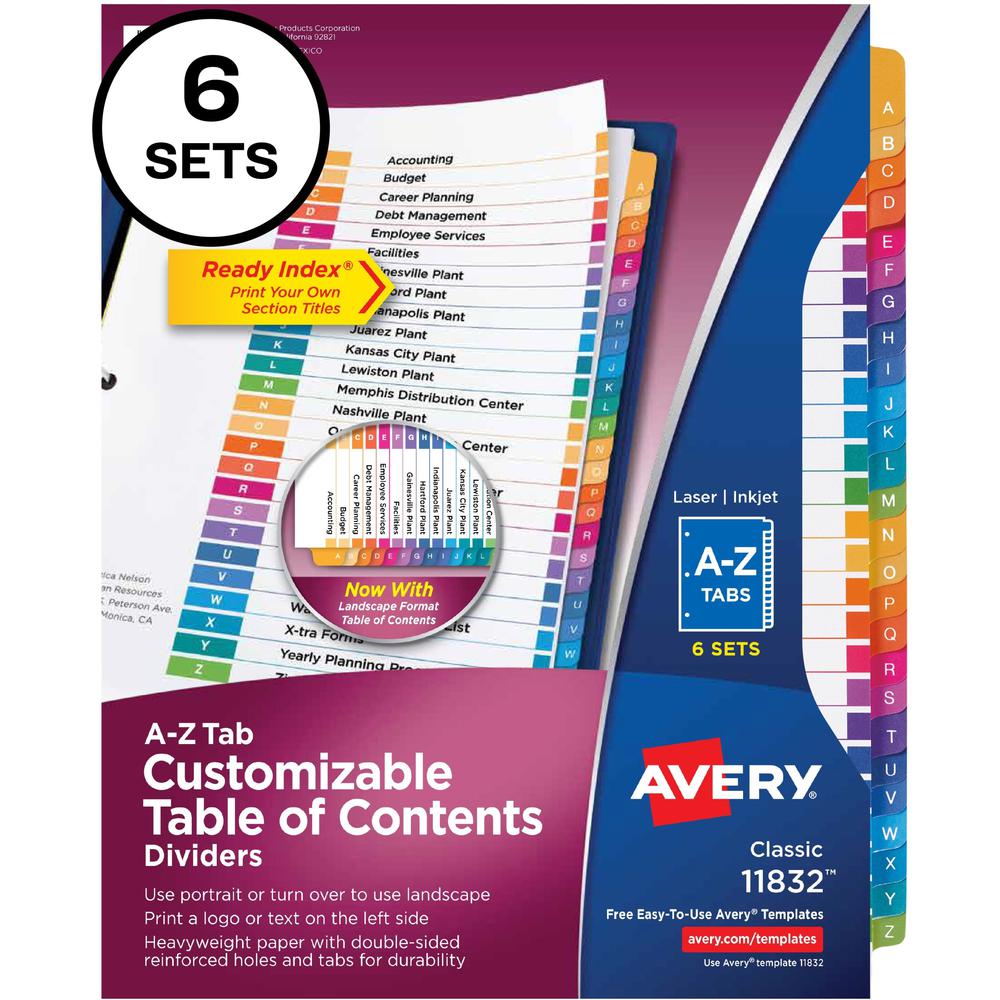 Avery&reg; A-Z Customizable Multicolor TOC Dividers - 156 x Divider(s) - A-Z, Table of Contents - 26 Tab(s)/Set - 8.5" Divider Width x 11" Divider Length - 3 Hole Punched - White Paper Divider - Multi. Picture 1