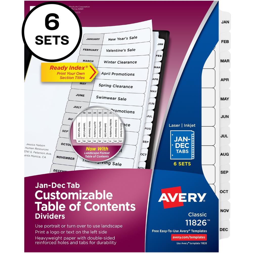 Avery&reg; Monthly Tab Table of Contents Dividers - 72 x Divider(s) - Jan-Dec, Table of Contents - 12 Tab(s)/Set - 8.5" Divider Width x 11" Divider Length - 3 Hole Punched - White Paper Divider - Whit. The main picture.