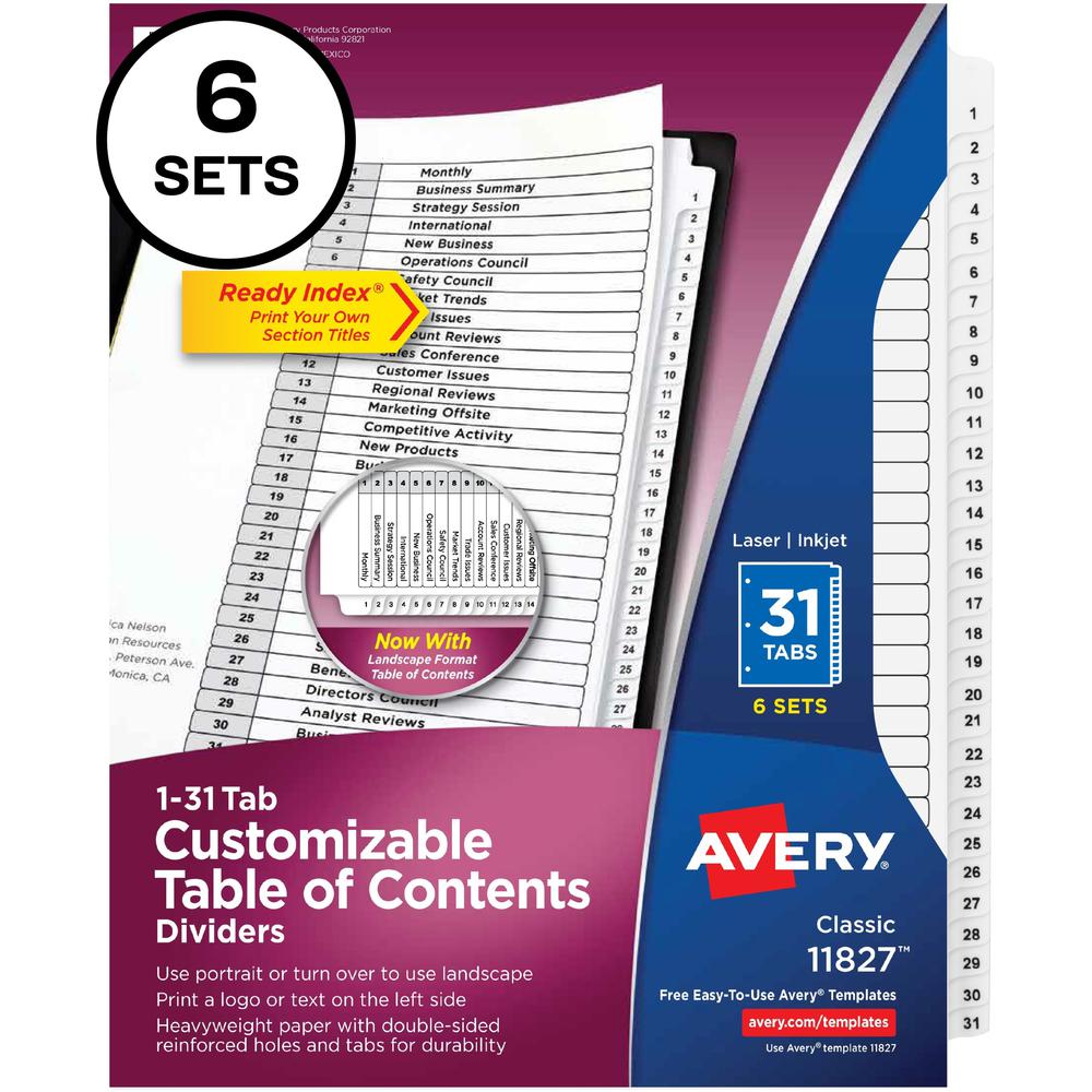 Avery&reg; 1-31 Custom Table of Contents Dividers - 186 x Divider(s) - 1-31, Table of Contents - 31 Tab(s)/Set - 8.5" Divider Width x 11" Divider Length - 3 Hole Punched - White Paper Divider - White . Picture 1