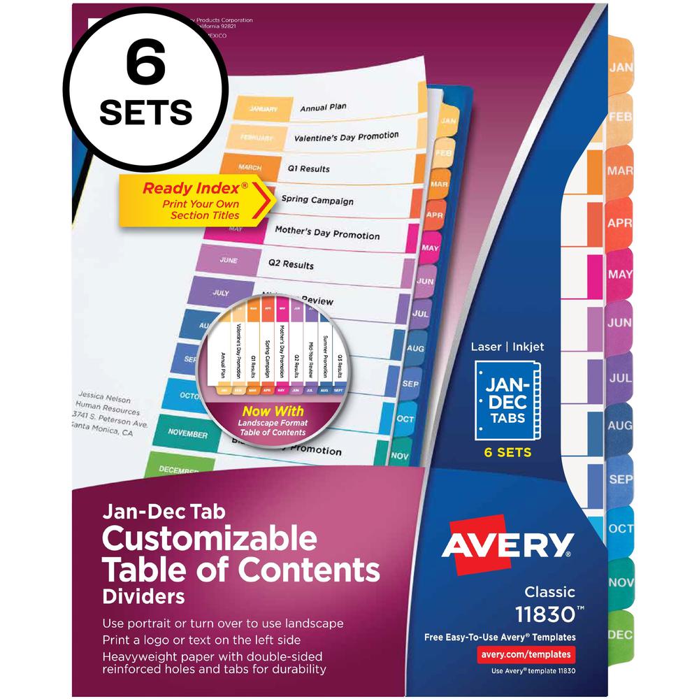 Avery&reg; Ready Index 12 Tab Dividers, Customizable TOC, 6 Sets - 72 x Divider(s) - Jan-Dec, Table of Contents - 12 Tab(s)/Set - 8.5" Divider Width x 11" Divider Length - 3 Hole Punched - White Paper. The main picture.