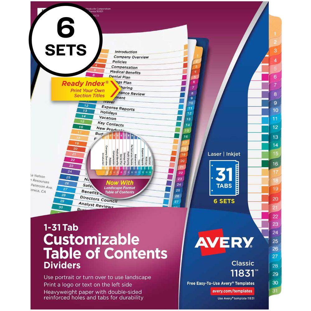 Avery&reg; Ready Index 31 Tab Dividers, Customizable TOC, 6 Sets - 186 x Divider(s) - 1-31, Table of Contents - 31 Tab(s)/Set - 8.5" Divider Width x 11" Divider Length - 3 Hole Punched - White Paper D. Picture 1