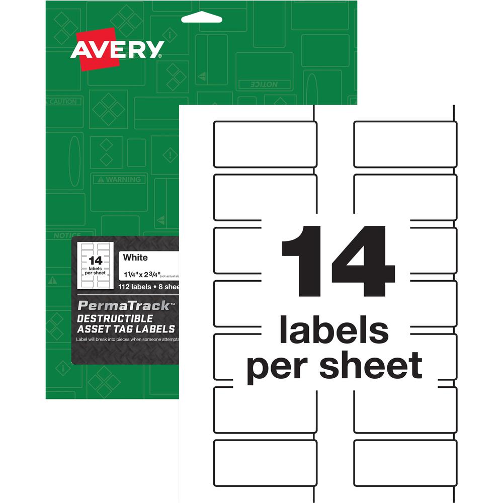 Avery&reg; PermaTrack Destructible Asset Tag Labels - 1.25" Length x 2.75" Width - Rectangular - 112 / Pack - White. Picture 1