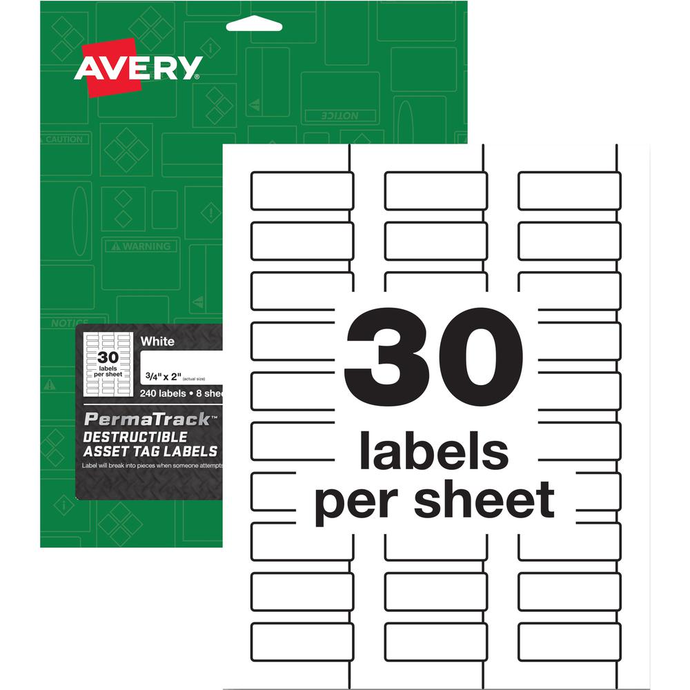 Avery&reg; PermaTrack Destructible Asset Tag Labels - 0.75" Length x 2" Width - Rectangular - 240 / Pack - White. Picture 1