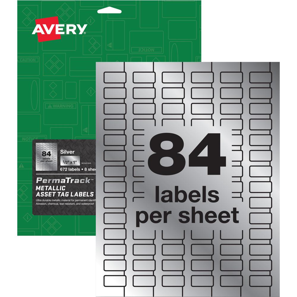 Avery&reg; PermaTrack Metallic Asset Tag Labels, 1/2" x 1" , 672 Asset Tags - Waterproof - 1/2" Width x 1" Length - Permanent Adhesive - Rectangle - Laser - Silver - Film - 84 / Sheet - 8 Total Sheets. Picture 1