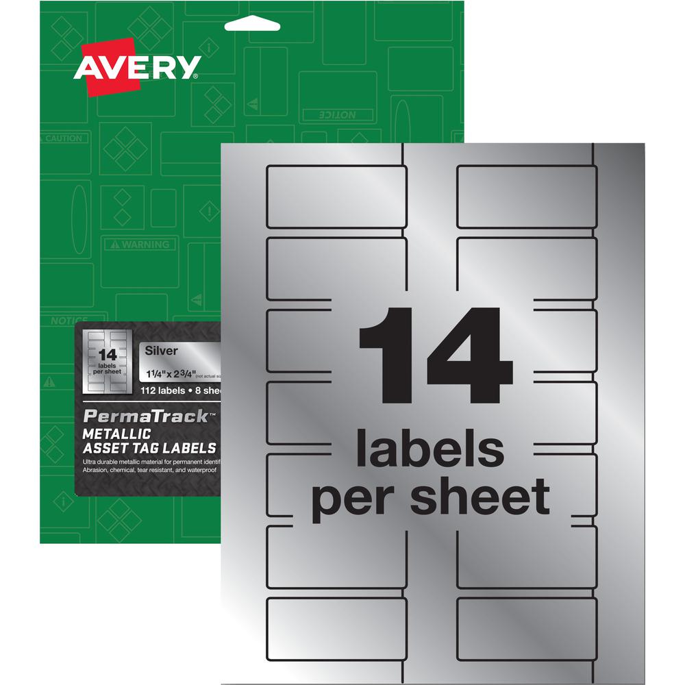 Avery&reg; PermaTrack Metallic Asset Tag Labels, 1-1/4" x 2-3/4" , 112 Asset Tags - Waterproof - 1 1/4" Width x 2 3/4" Length - Permanent Adhesive - Rectangle - Laser - Silver - Film - 14 / Sheet - 8 . Picture 1