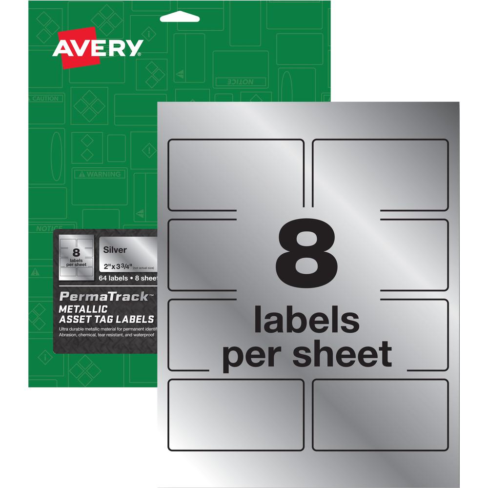 Avery&reg; PermaTrack Asset Tag Label - 2" Width x 3 3/4" Length - Permanent Adhesive - Rectangle - Laser - Silver - Film - 8 / Sheet - 8 Total Sheets - 64 Total Label(s) - 5. Picture 1