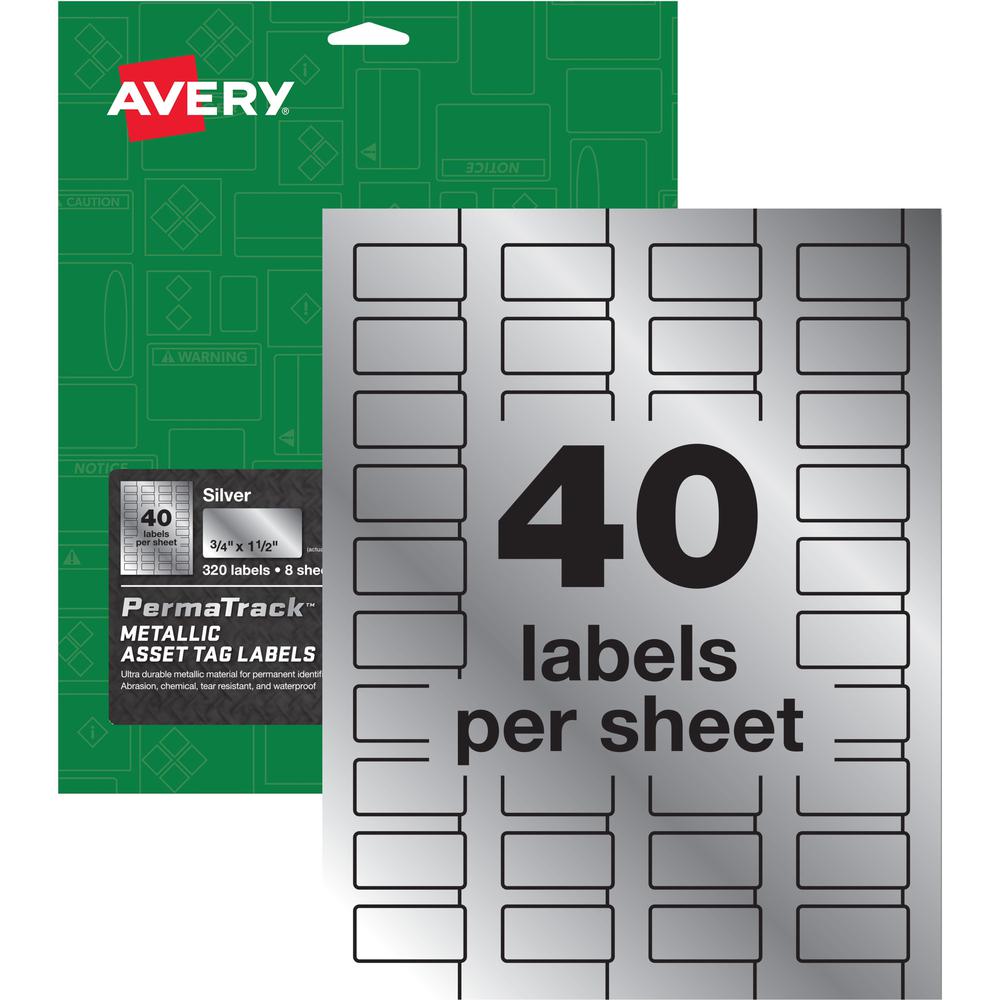 Avery&reg; PermaTrack Asset Tag Label - Waterproof - 3/4" Width x 1 1/2" Length - Permanent Adhesive - Rectangle - Laser - Silver - Film - 40 / Sheet - 8 Total Sheets - 320 Total Label(s) - 1 Pack - P. Picture 1
