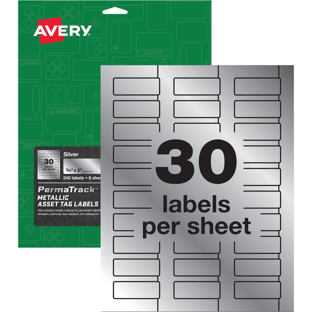 Avery&reg; PermaTrack Metallic Asset Tag Labels, 3/4" x 2" , 240 Asset Tags - Waterproof - 3/4" Width x 2" Length - Permanent Adhesive - Rectangle - Laser - Silver - Film - 30 / Sheet - 8 Total Sheets. Picture 1