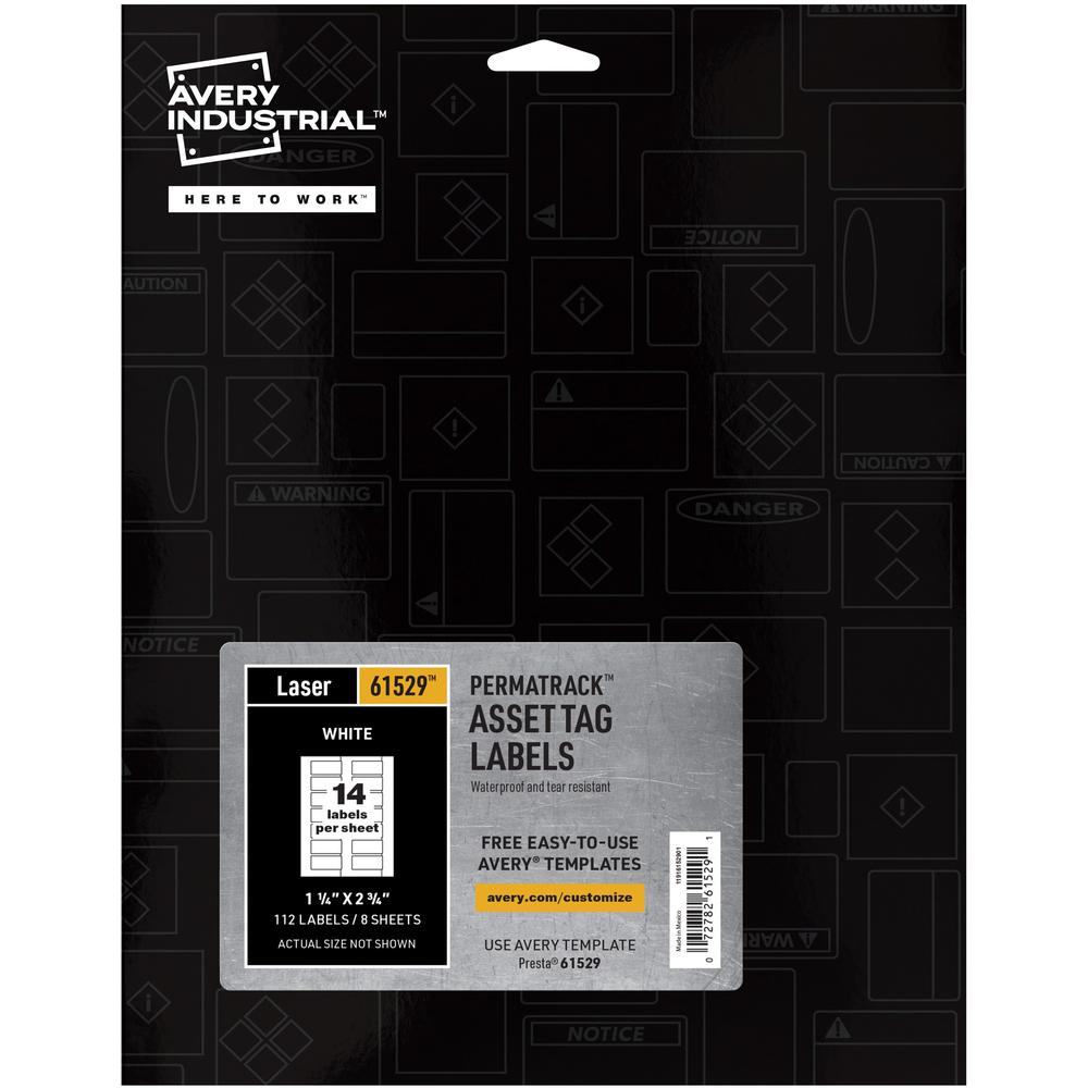 Avery&reg; PermaTrack Durable White Asset Tag Labels, 1-1/4" x 2-3/4" , 112 Asset Tags - 1 1/4" Width x 2 3/4" Length - Permanent Adhesive - Rectangle - Laser - White - Film - 14 / Sheet - 8 Total She. Picture 1