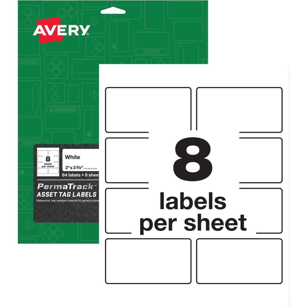 Avery&reg; PermaTrack Durable White Asset Tag Labels, 2" x 3-3/4" , 64 Asset Tags - 2" Width x 3 3/4" Length - Permanent Adhesive - Rectangle - Laser - White - Film - 8 / Sheet - 8 Total Sheets - 64 T. Picture 1