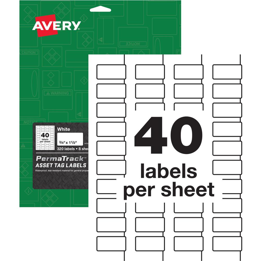 Avery&reg; PermaTrack Durable White Asset Tag Labels, 3/4" x 1-1/2" , 320 Asset Tags - 3/4" Width x 1 1/2" Length - Permanent Adhesive - Rectangle - Laser - White - Film - 40 / Sheet - 8 Total Sheets . Picture 1