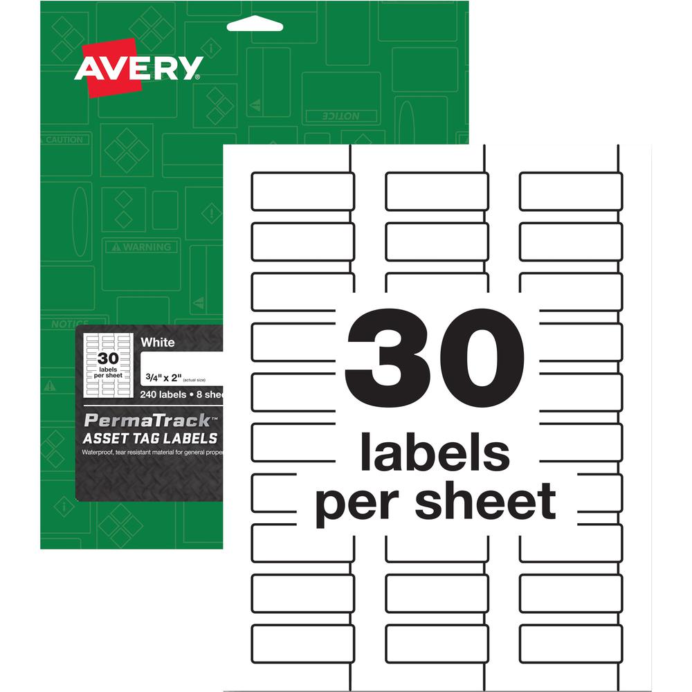 Avery&reg; PermaTrack Durable White Asset Tag Labels, 3/4" x 2" , 240 Asset Tags - 3/4" Width x 2" Length - Permanent Adhesive - Rectangle - Laser - White - Film - 30 / Sheet - 8 Total Sheets - 240 To. Picture 1