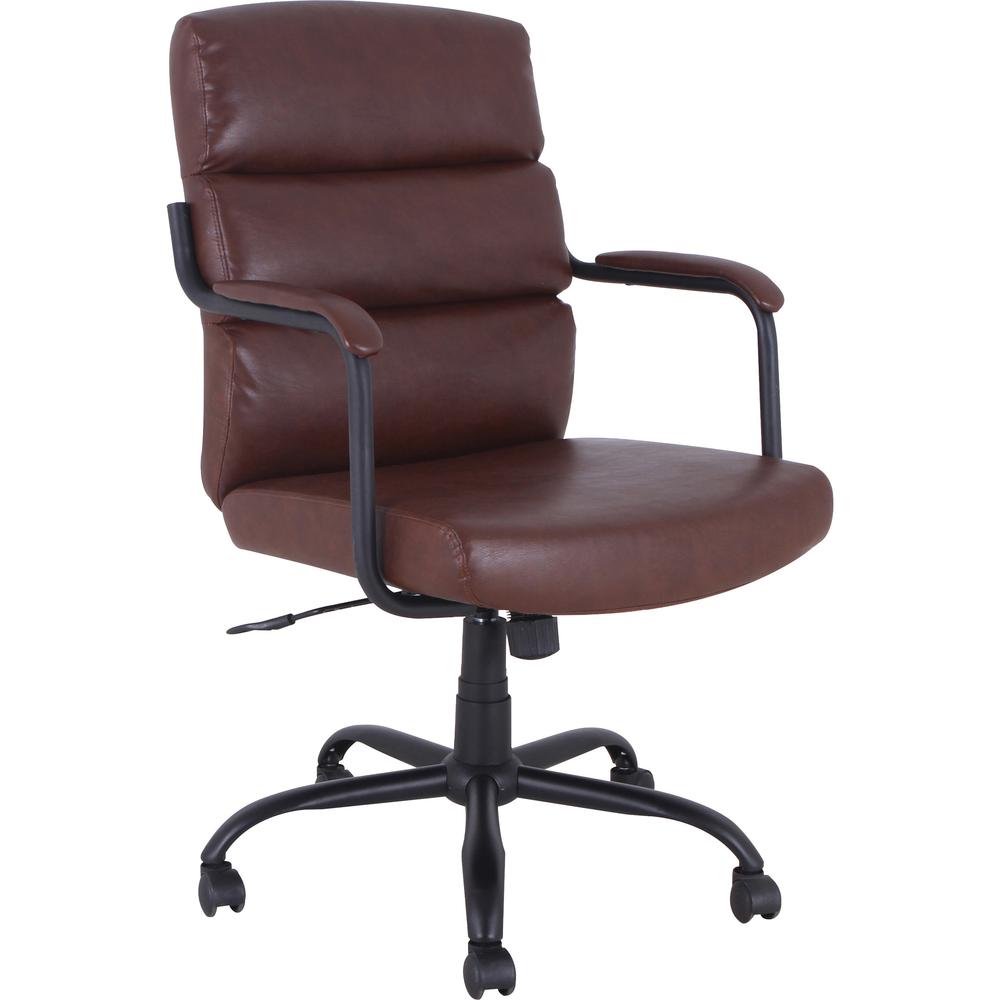 Lorell SOHO Collection High-back Leather Chair - 27.5" x 28.8" x 42.1" - Material: Bonded Leather Seat, Bonded Leather Back, Steel Arm, Powder Coated Steel Base - Finish: Tan. Picture 1